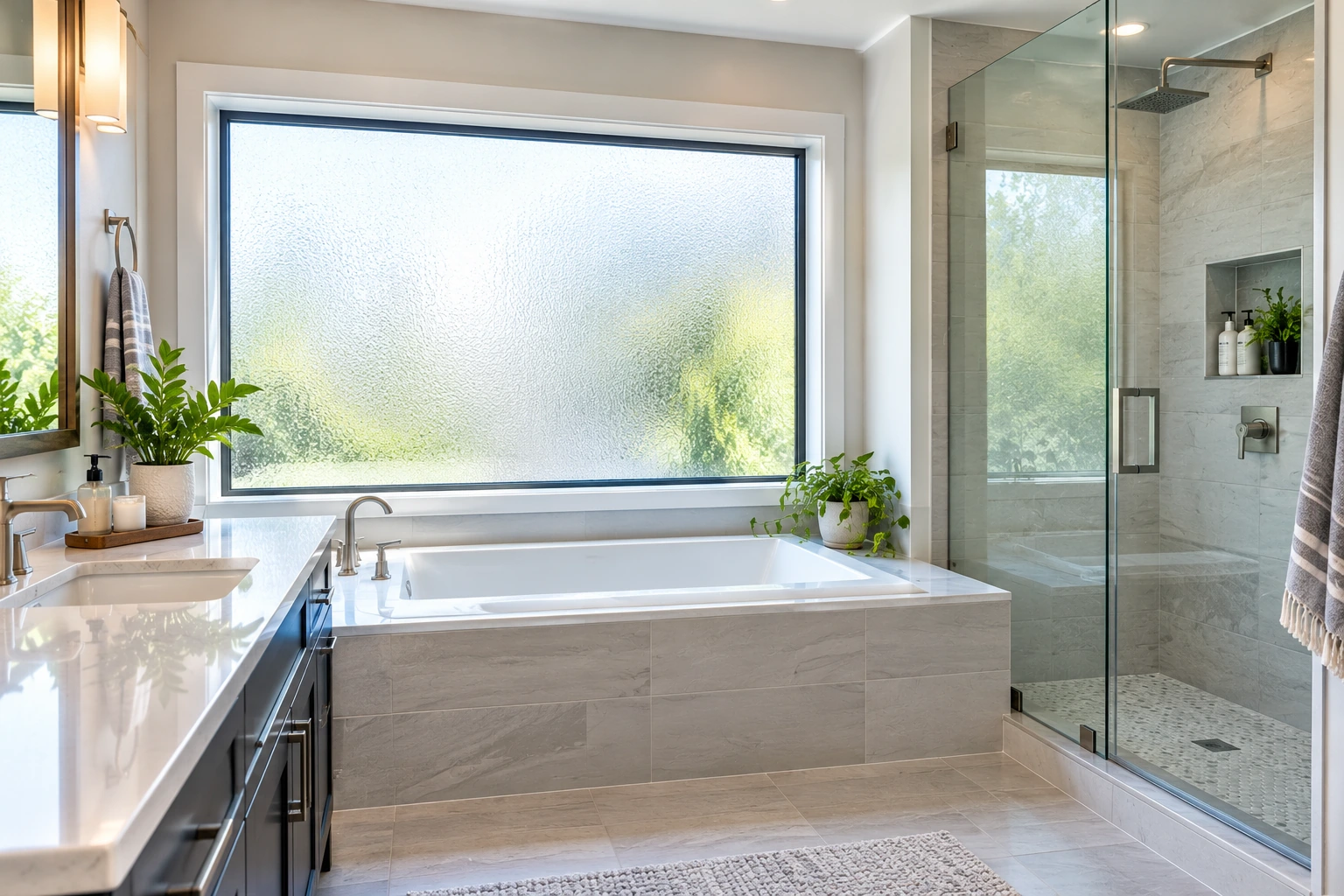 Bathroom window with frosted privacy film for natural light and added privacy