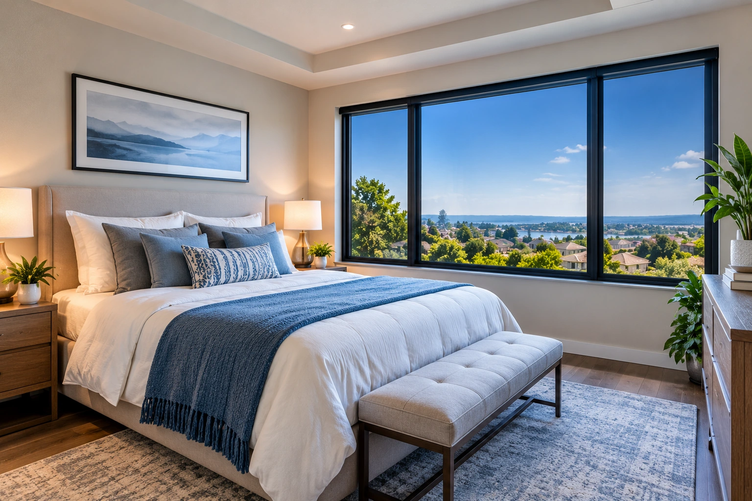 Bedroom with large tinted windows to help reduce solar heat and glare