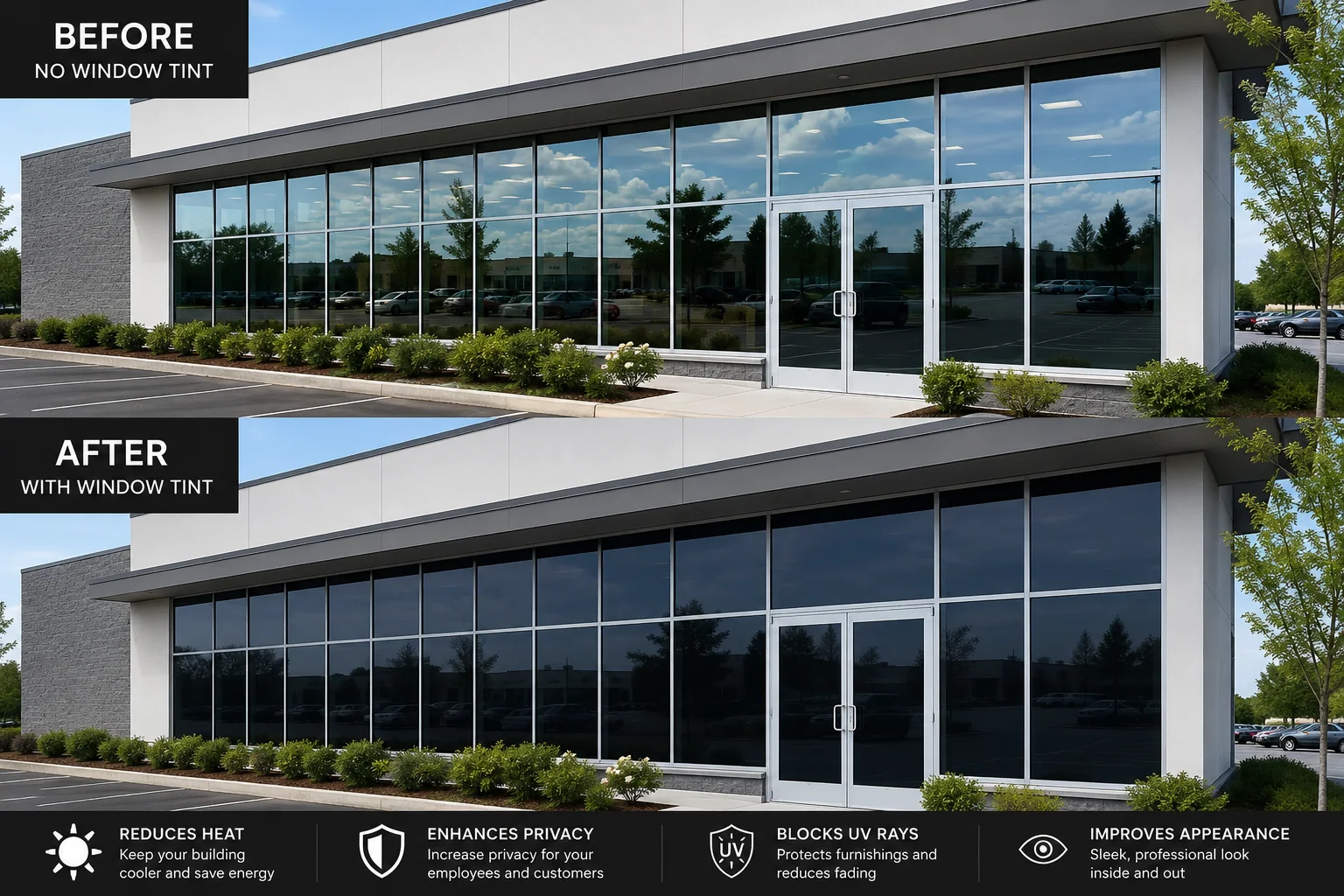 Before and after commercial window tinting on storefront glass in Tulsa OK reducing heat and glare