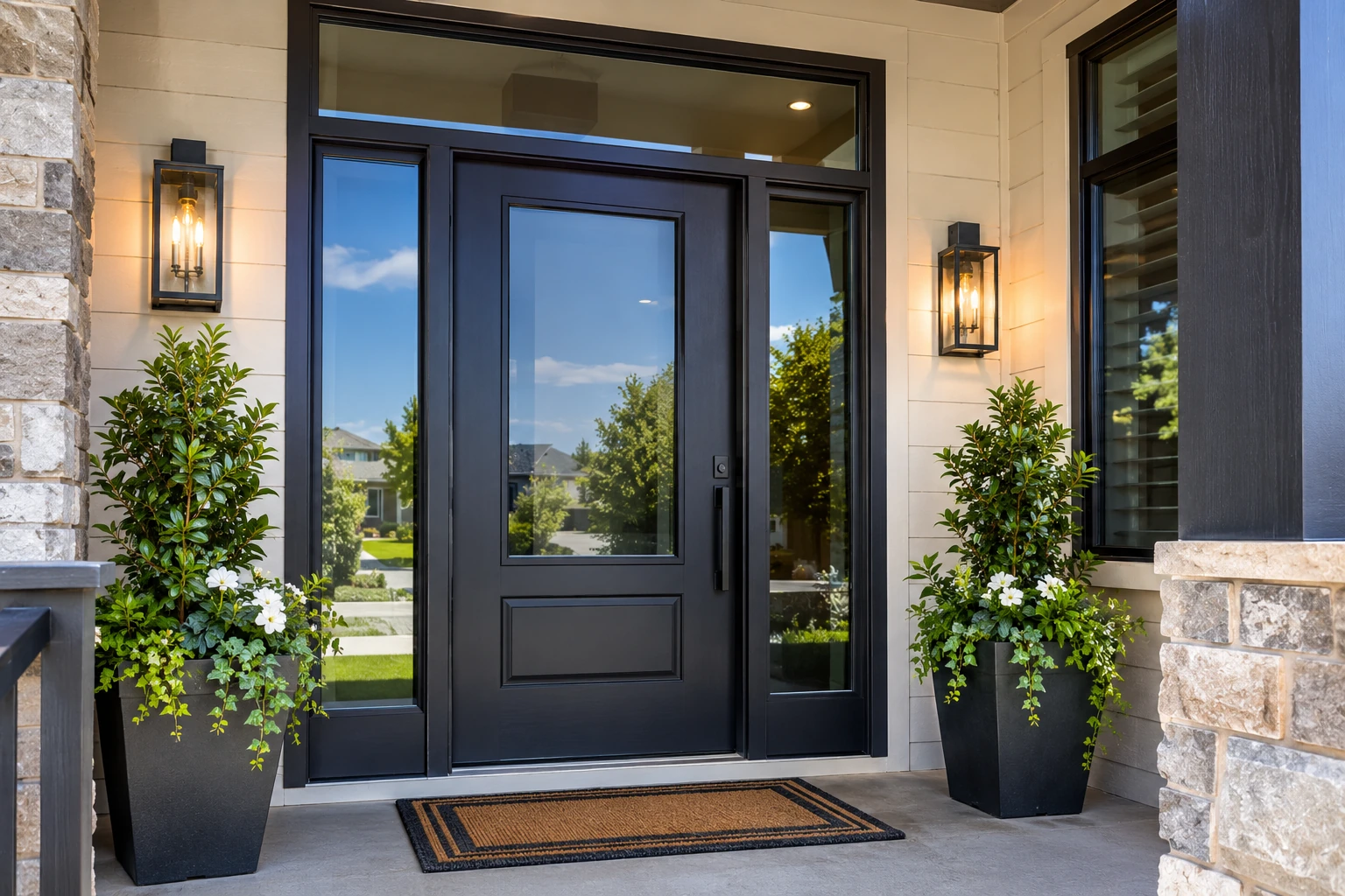 Modern home entryway with glass sidelights and privacy window film