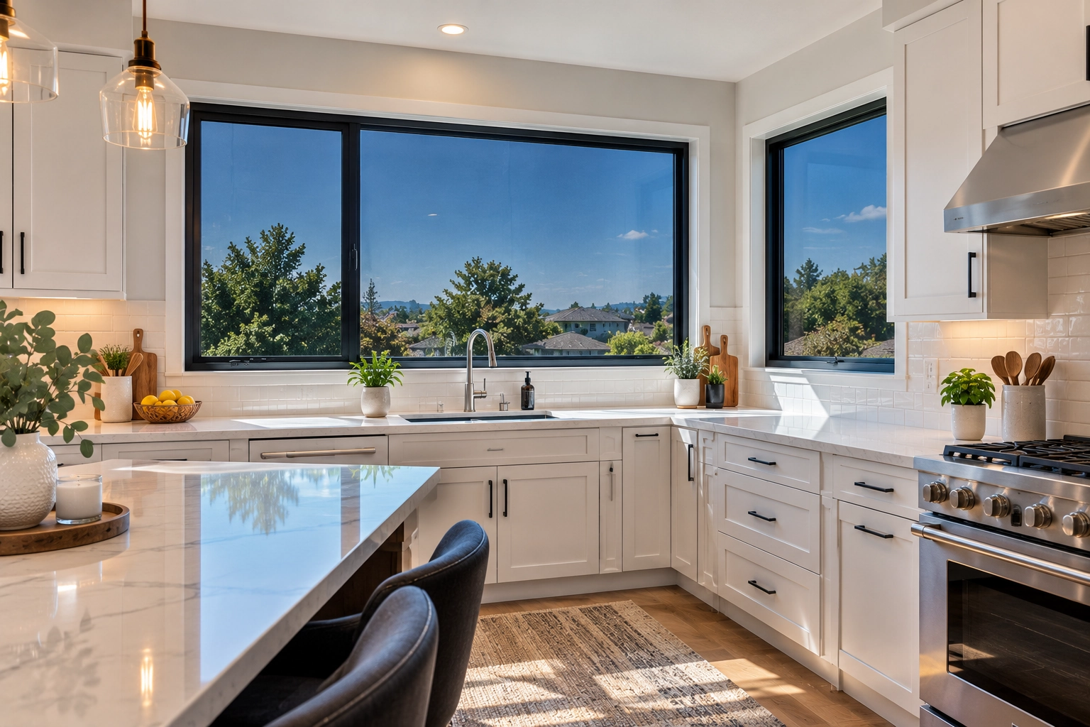 Modern kitchen with tinted windows to help reduce sunlight and glare