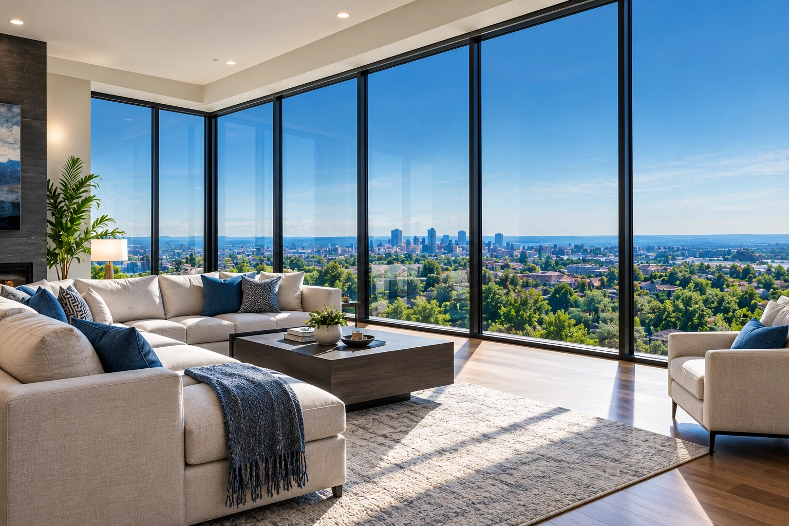 Modern living room with floor-to-ceiling windows and solar control film