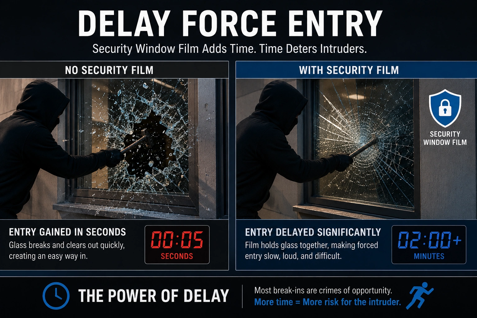 Security window film delaying forced entry attempt by holding shattered glass in place